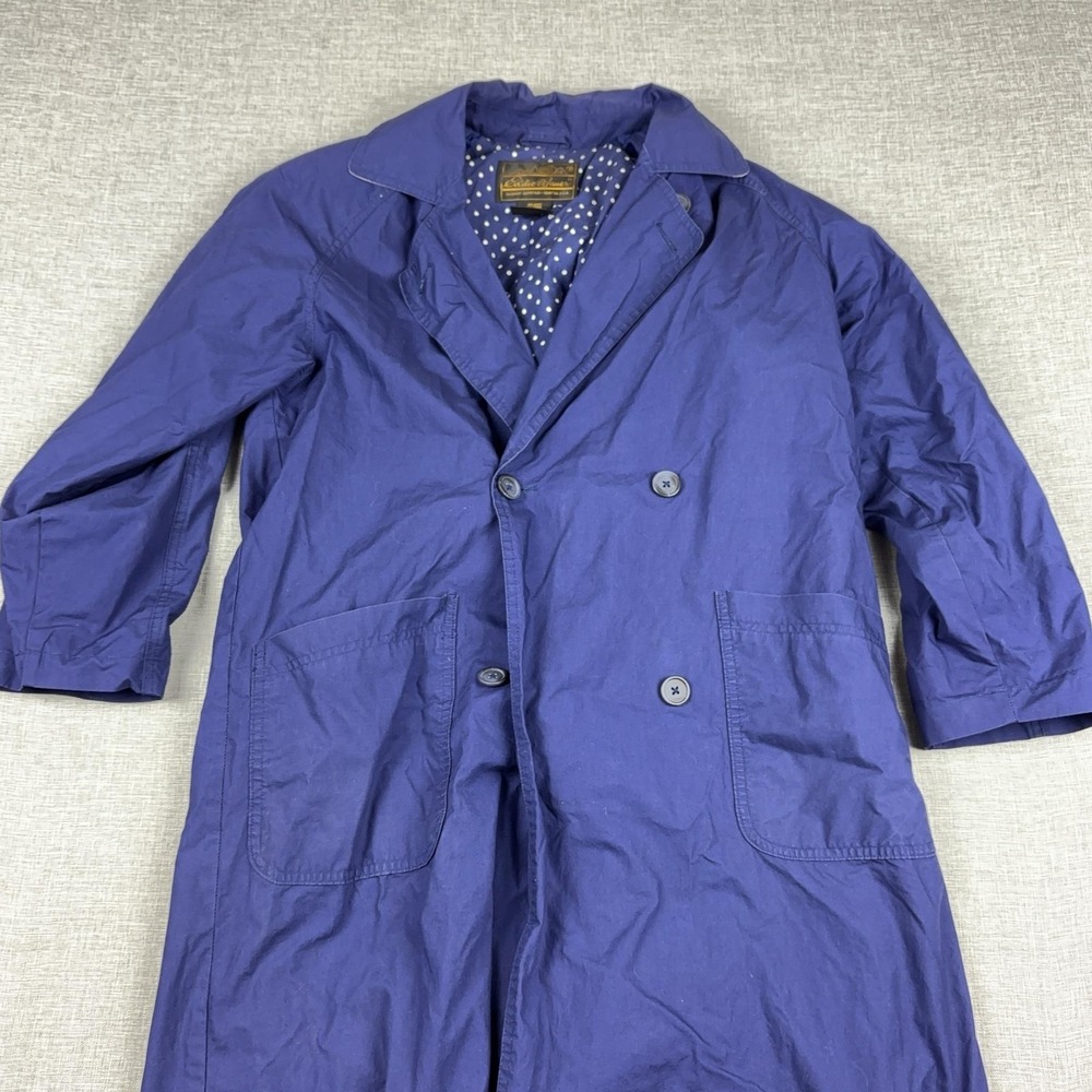 Vintage Eddie Bauer Trench Coat Womens Petite Small Blue Polka Dot Rain Jacket